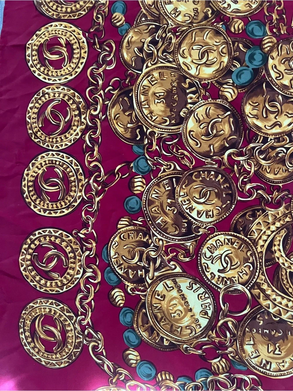 Rare Vintage Chanel Paris Silk Scarf Coin & Chain Print Burgundy Red